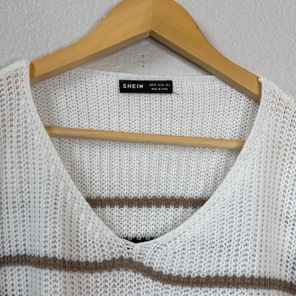 SHEIN Sweater Stripped V Neck Cream White size Medium - Picture 3 of 9
